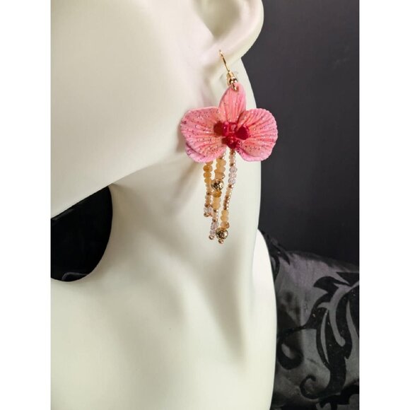 Handcrafted 18k Gold Plated Asian Inspire Ornamental Beaded Pink Orchid Earrings - Picture 5 of 7